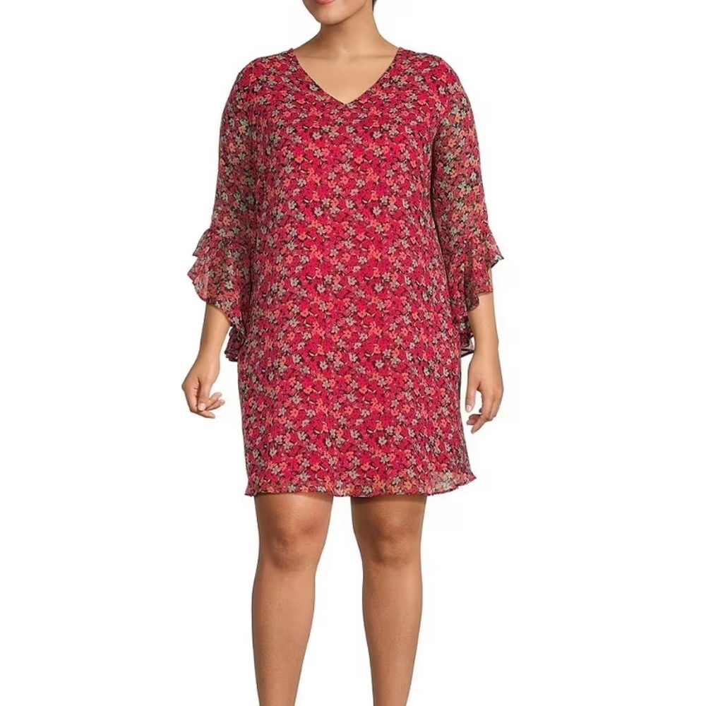Calvin Klein Floral Print 3/4  Sleeve V-Neck Crinkled Chiffon Dress
